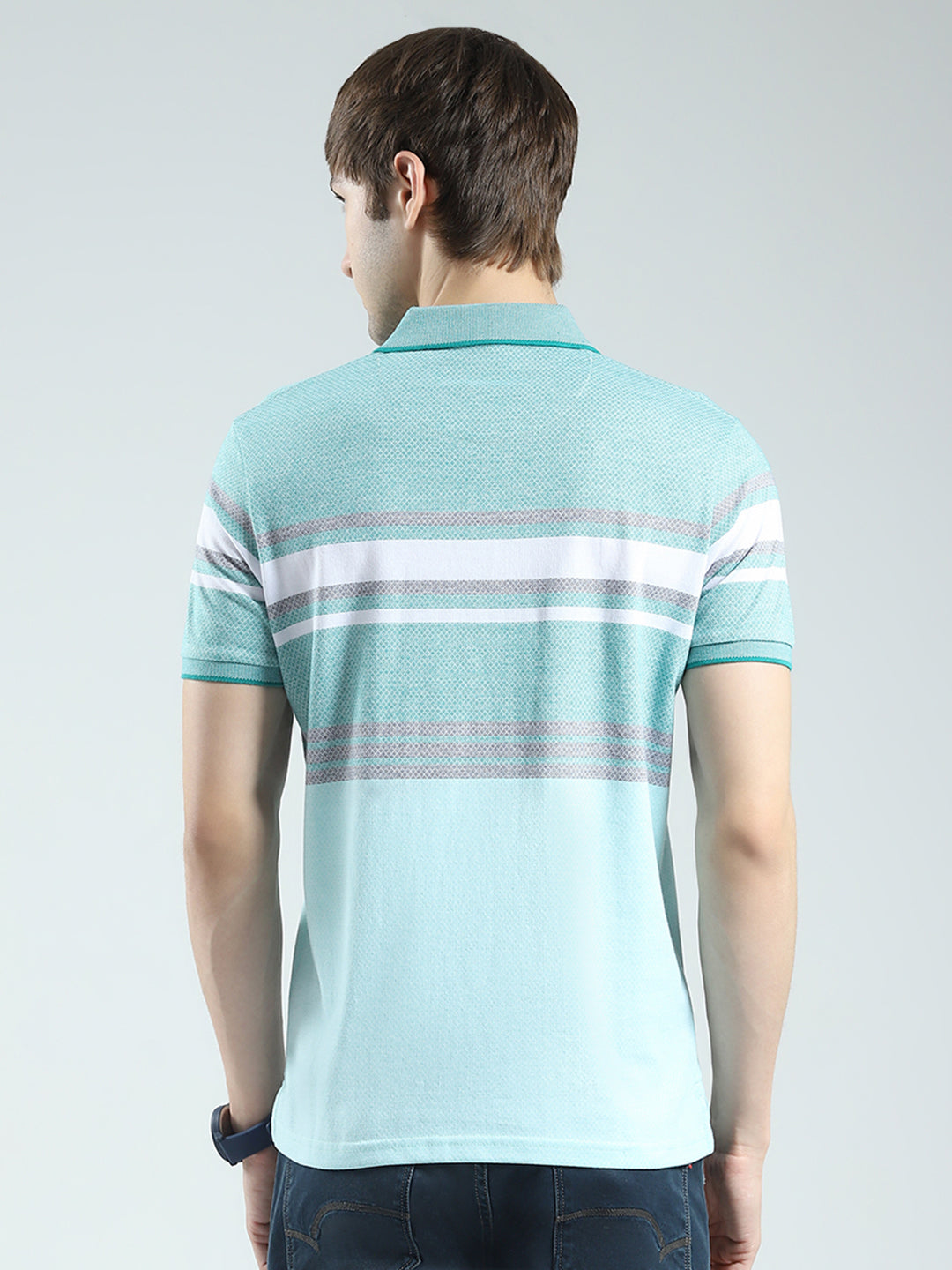 Men Green Stripe Collar Half Sleeve T-Shirt