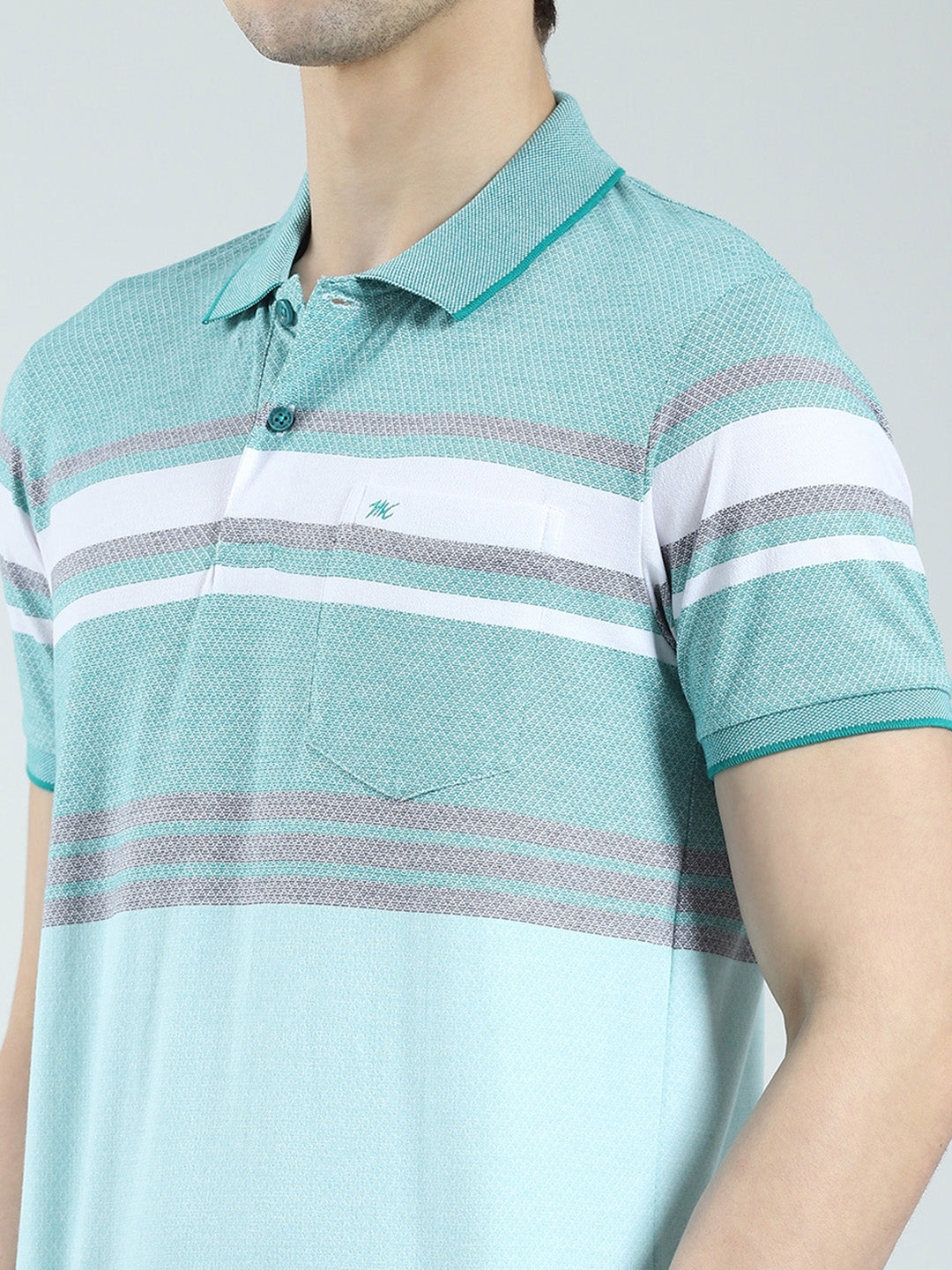 Men Green Stripe Collar Half Sleeve T-Shirt