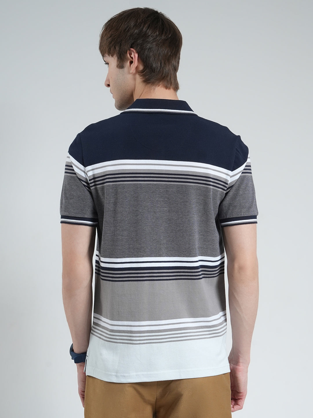 Men Navy Blue Stripe Collar Half Sleeve T-Shirt