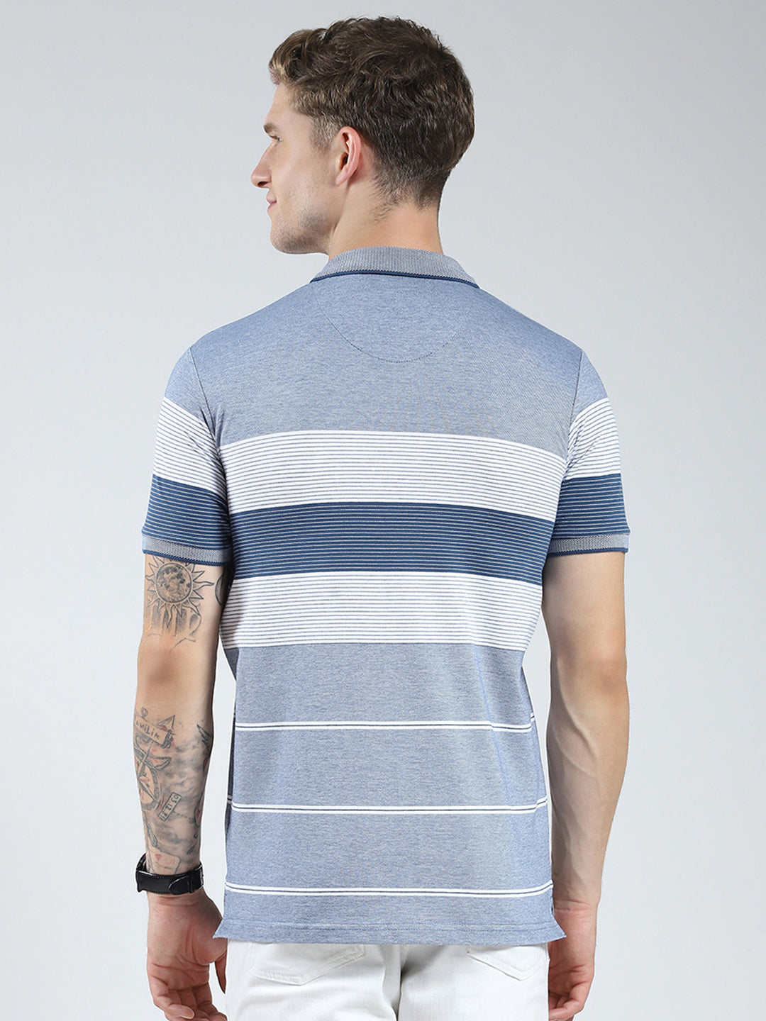 Men Blue Stripe Collar Half Sleeve T-Shirt