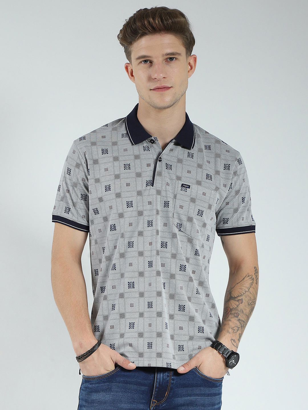 Men Grey Printed Collar Half Sleeve T-Shirt