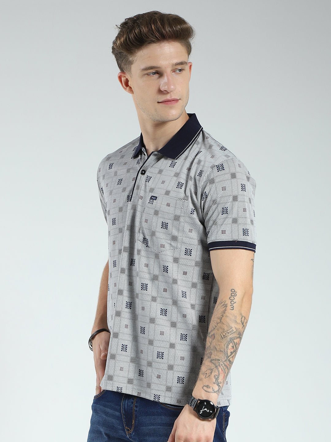 Men Grey Printed Collar Half Sleeve T-Shirt