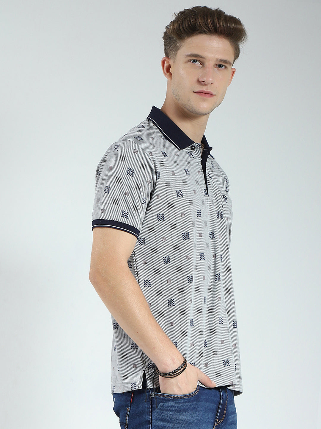 Men Grey Printed Collar Half Sleeve T-Shirt