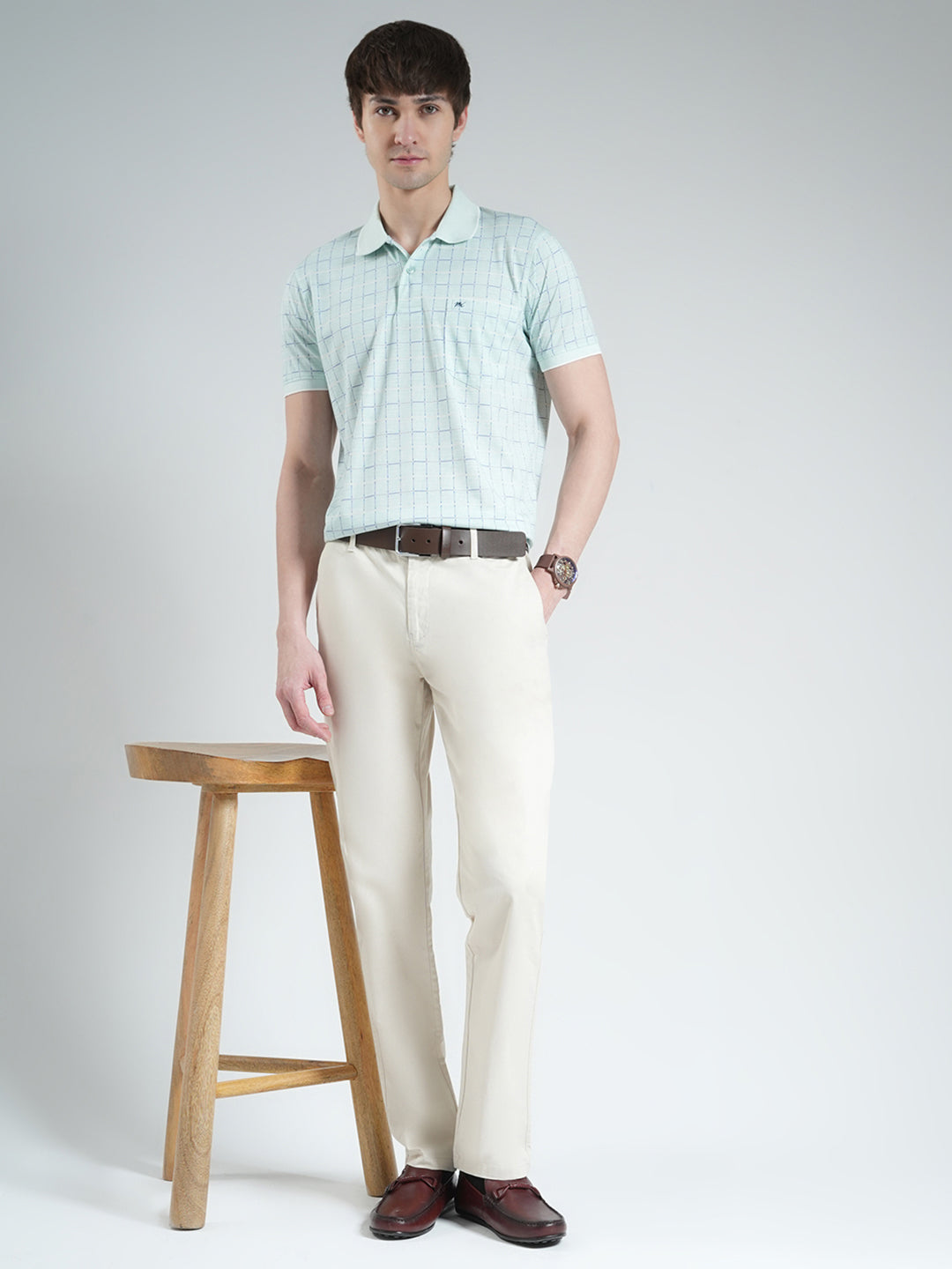 Men Blue Printed Collar Half Sleeve T-Shirt