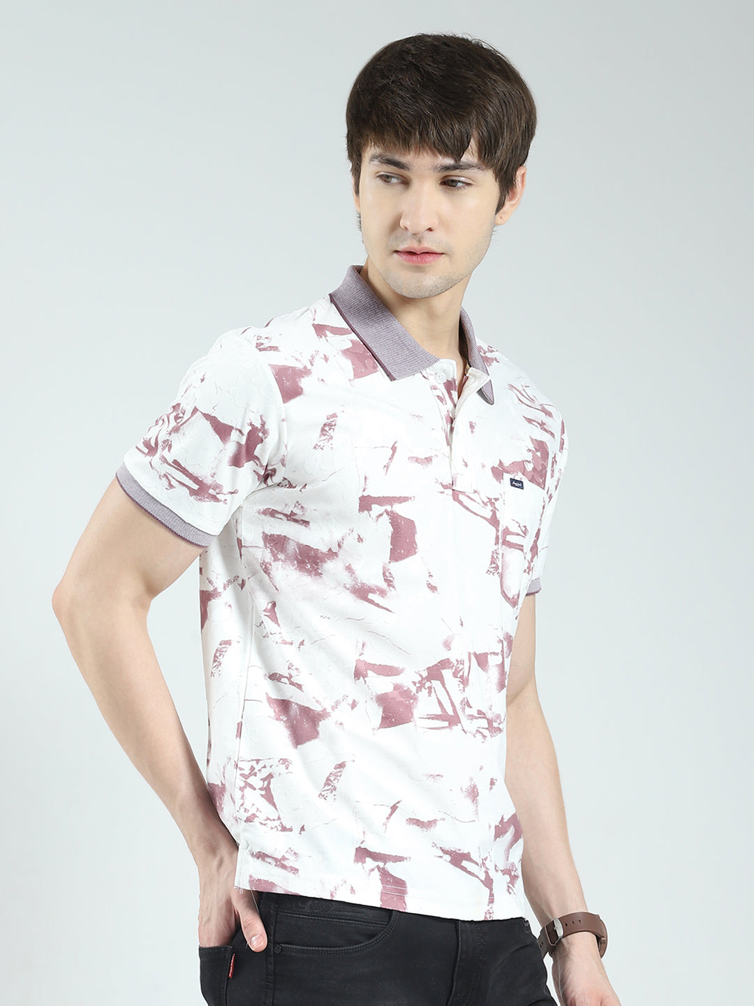 Men Pink Printed Collar Half Sleeve T-Shirt