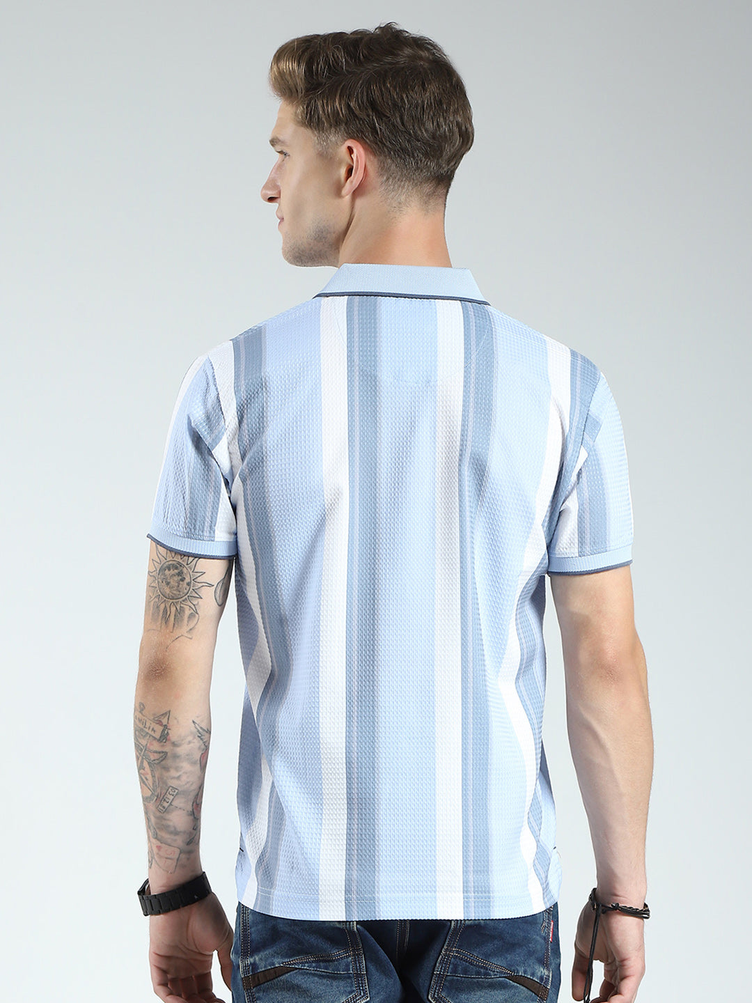 Men Blue Stripe Collar Half Sleeve T-Shirt
