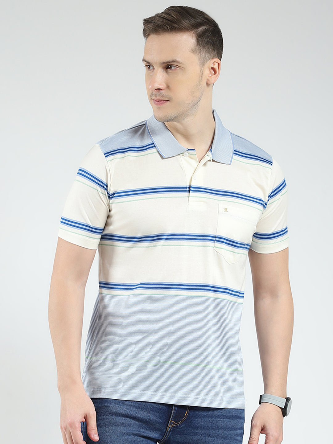 Luxuria Men Blue Stripe Collar Half Sleeve T-Shirt