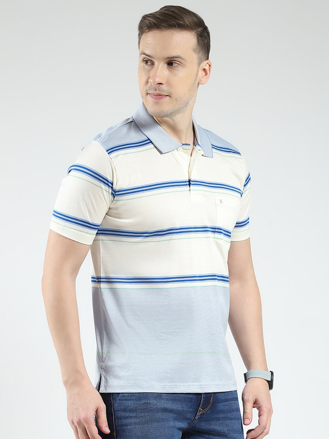 Luxuria Men Blue Stripe Collar Half Sleeve T-Shirt