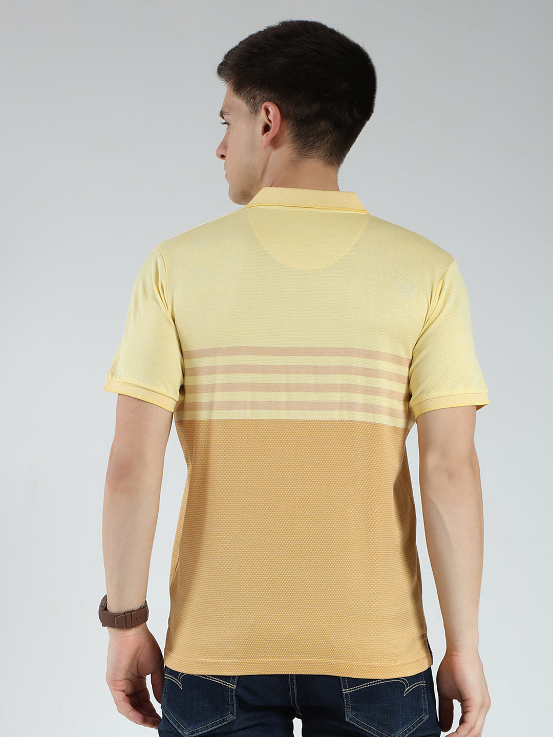 Luxuria Men Yellow Stripe Collar Half Sleeve T-Shirt