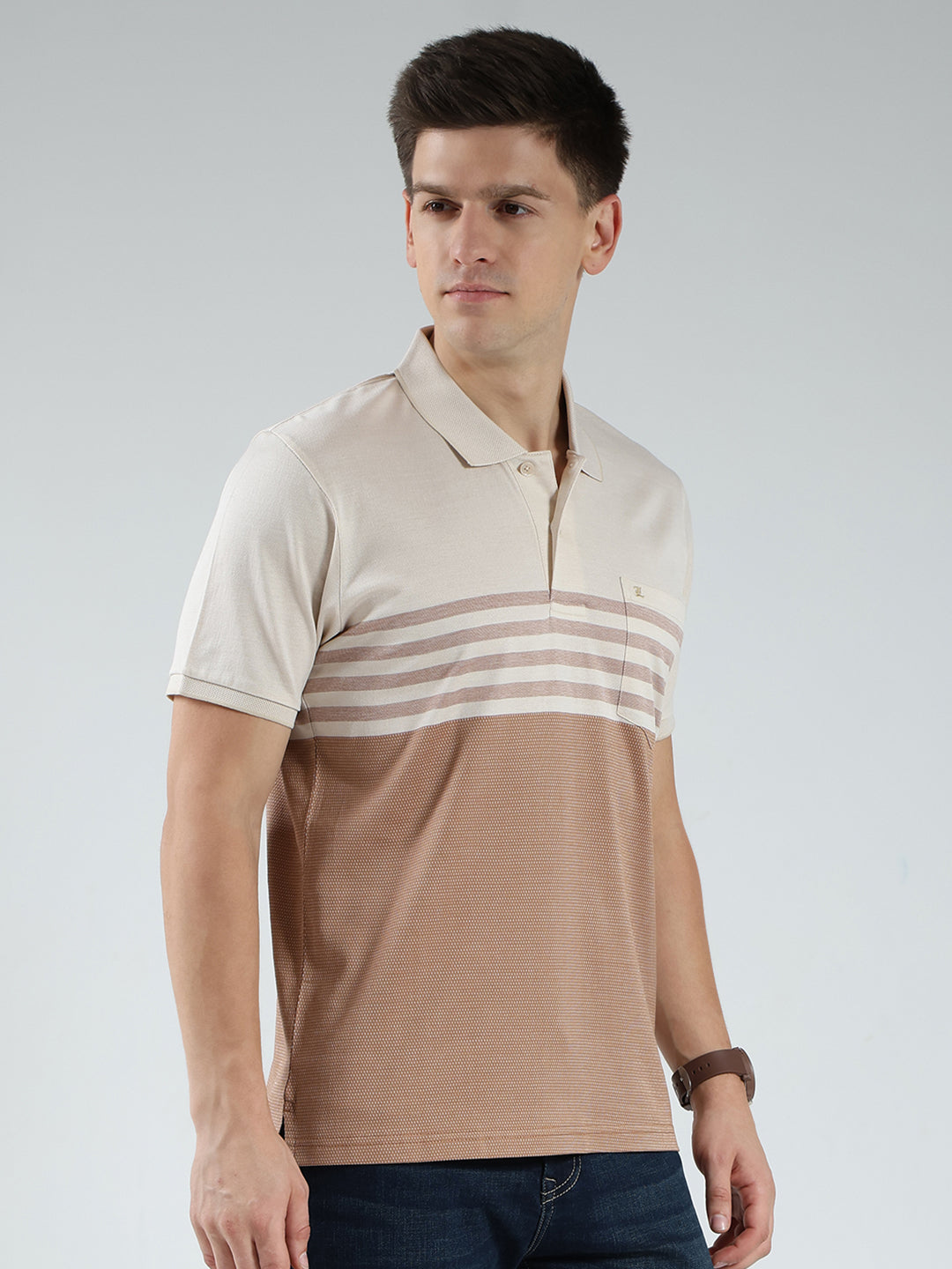 Luxuria Men Beige Stripe Collar Half Sleeve T-Shirt