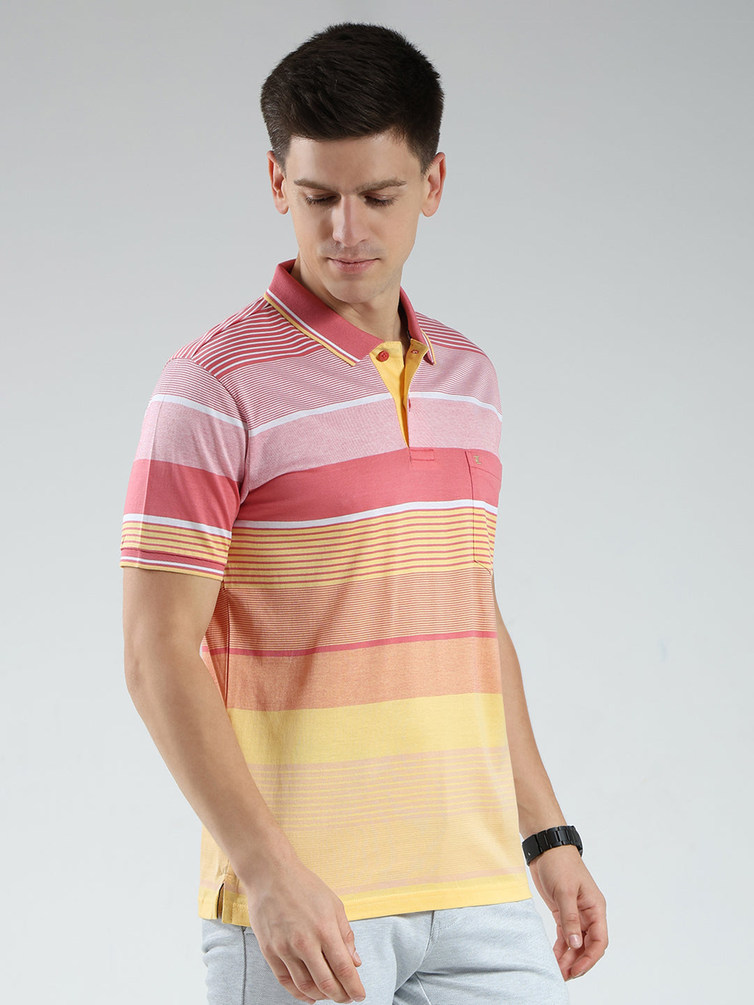Luxuria Men Pink Stripe Collar Half Sleeve T-Shirt