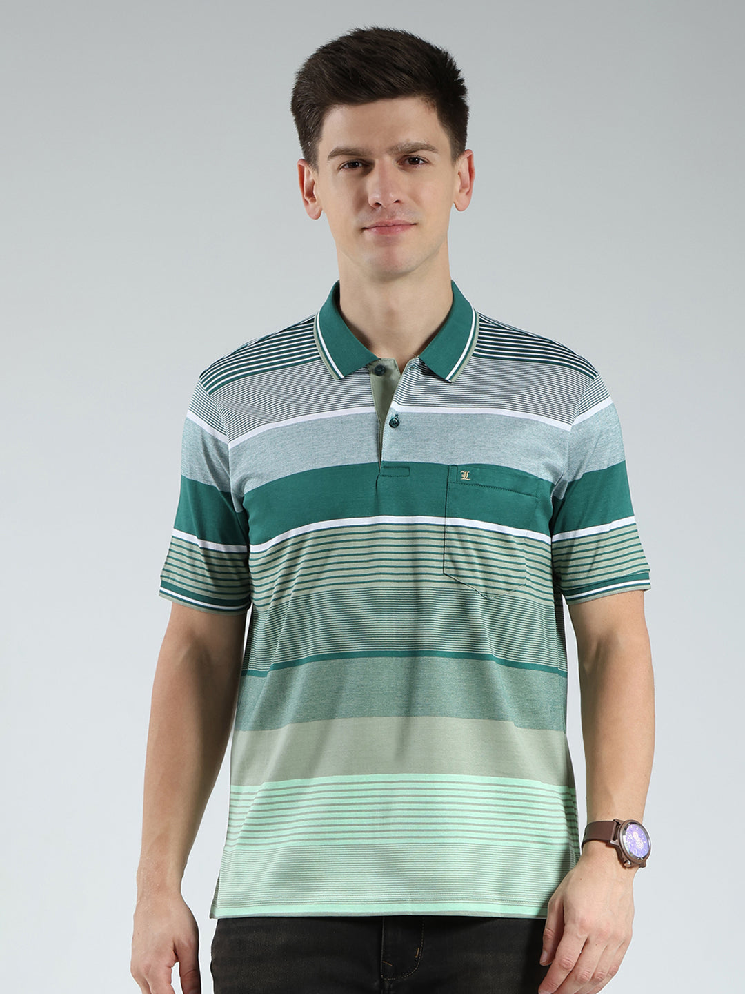 Luxuria Men Green Stripe Collar Half Sleeve T-Shirt