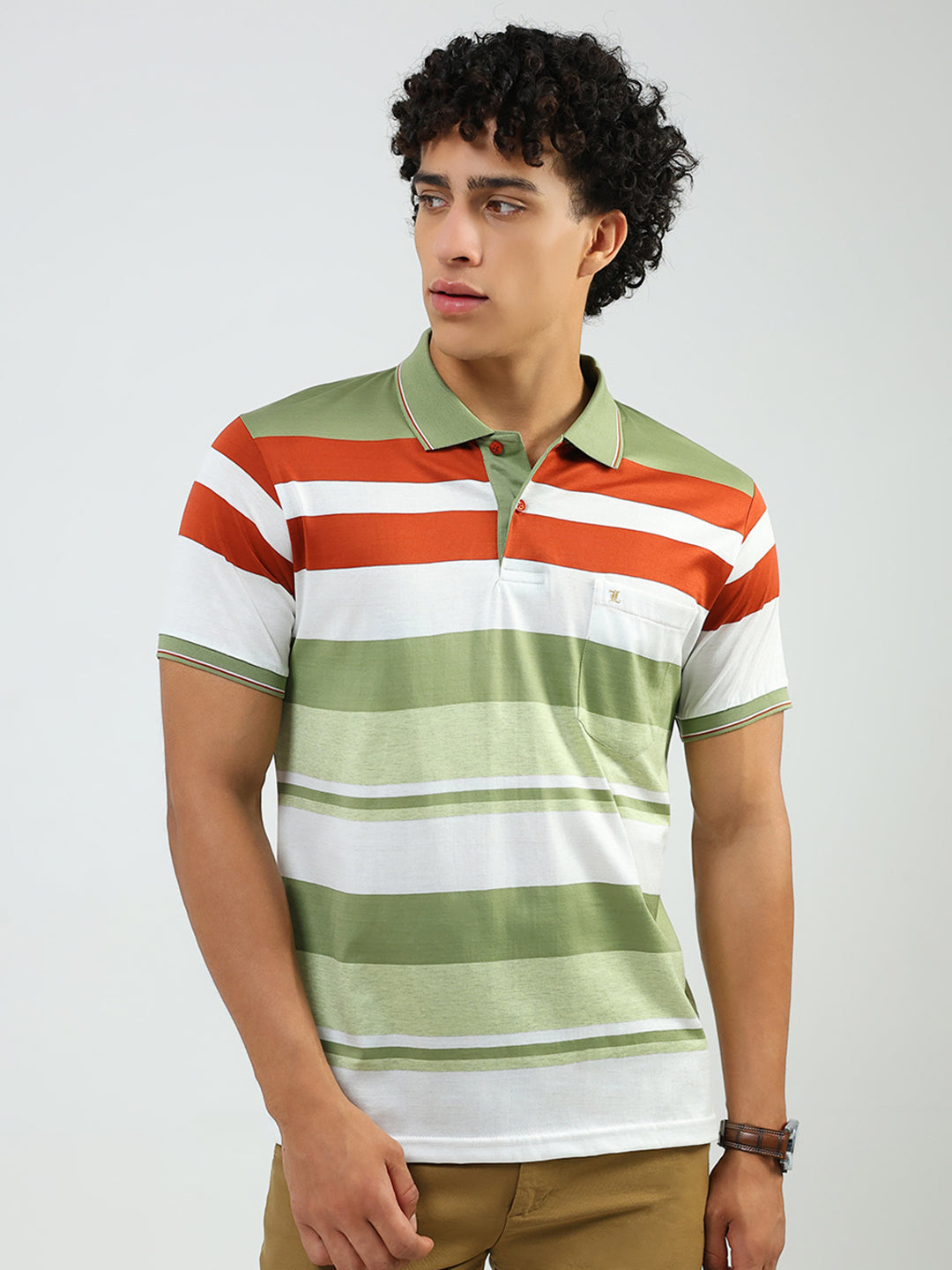Luxuria Men Green Stripe Collar Half Sleeve T-Shirt