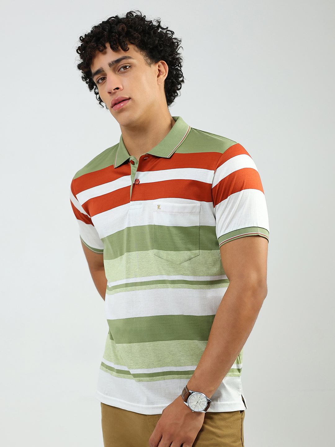Luxuria Men Green Stripe Collar Half Sleeve T-Shirt