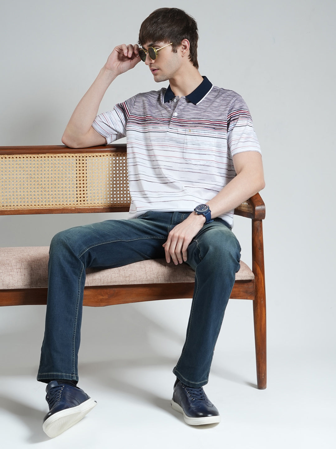 Luxuria Men Off White Stripe Collar Half Sleeve T-Shirt