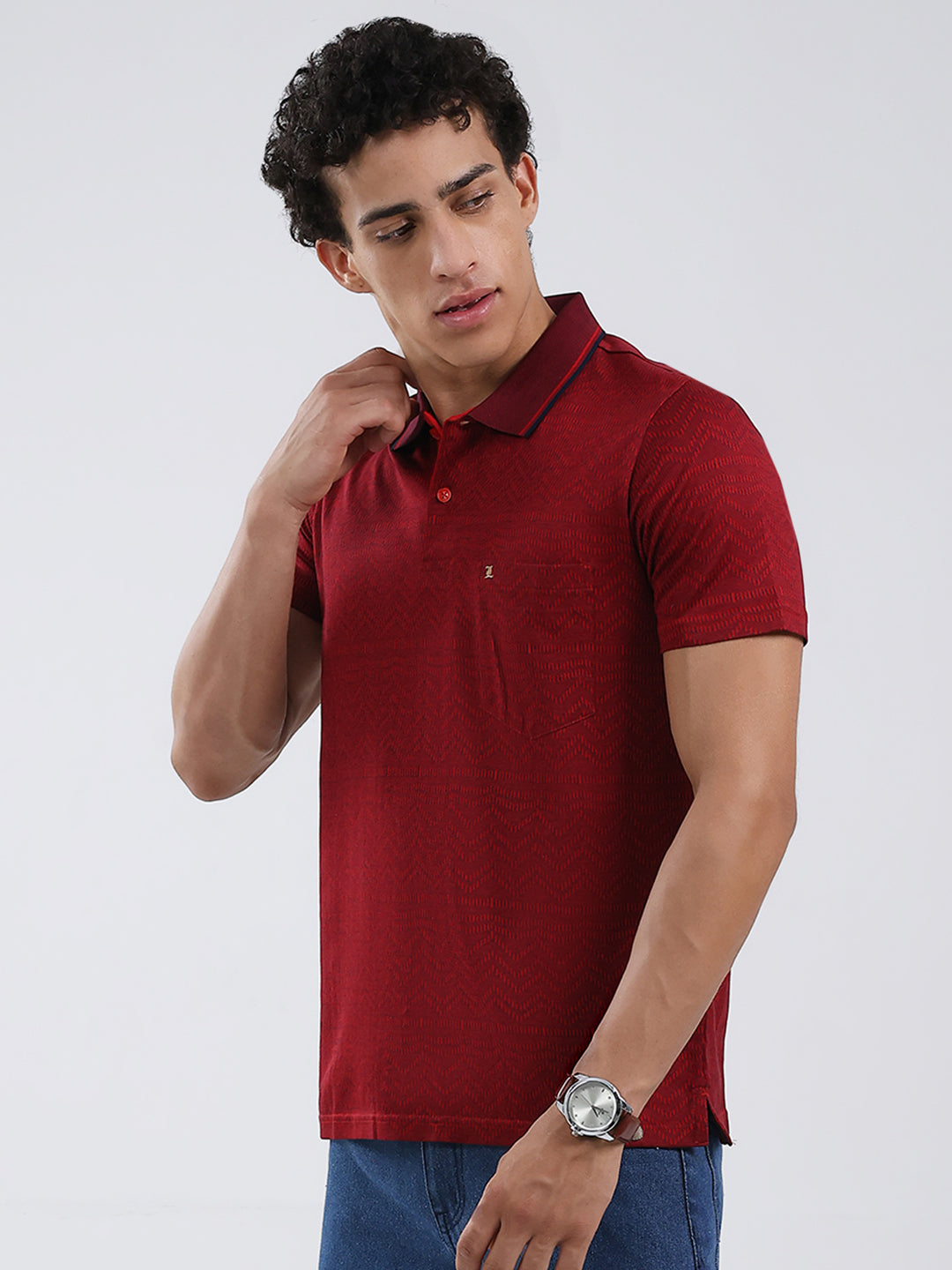 Luxuria Men Maroon Self Design Collar Half Sleeve T-Shirt