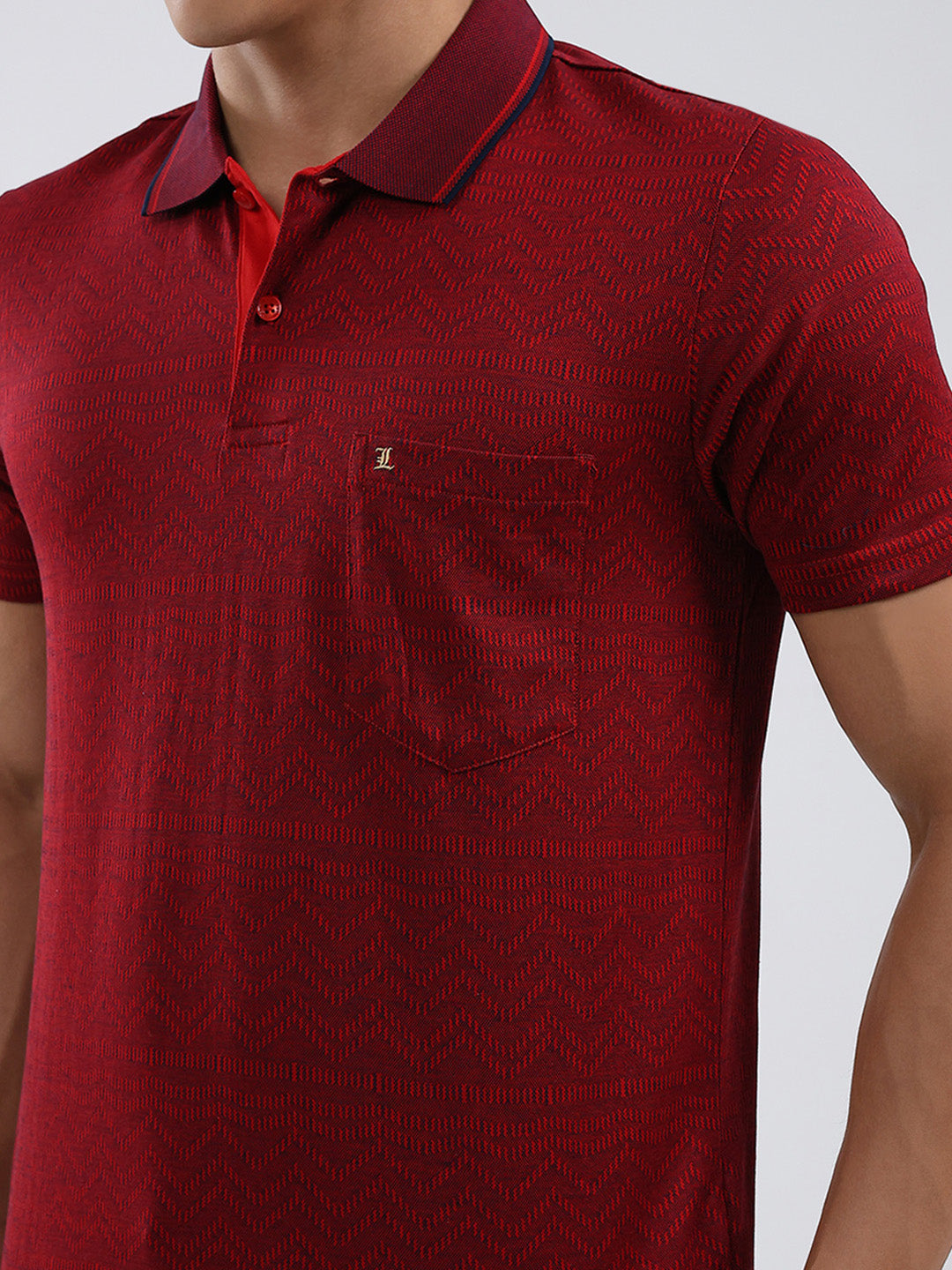 Luxuria Men Maroon Self Design Collar Half Sleeve T-Shirt