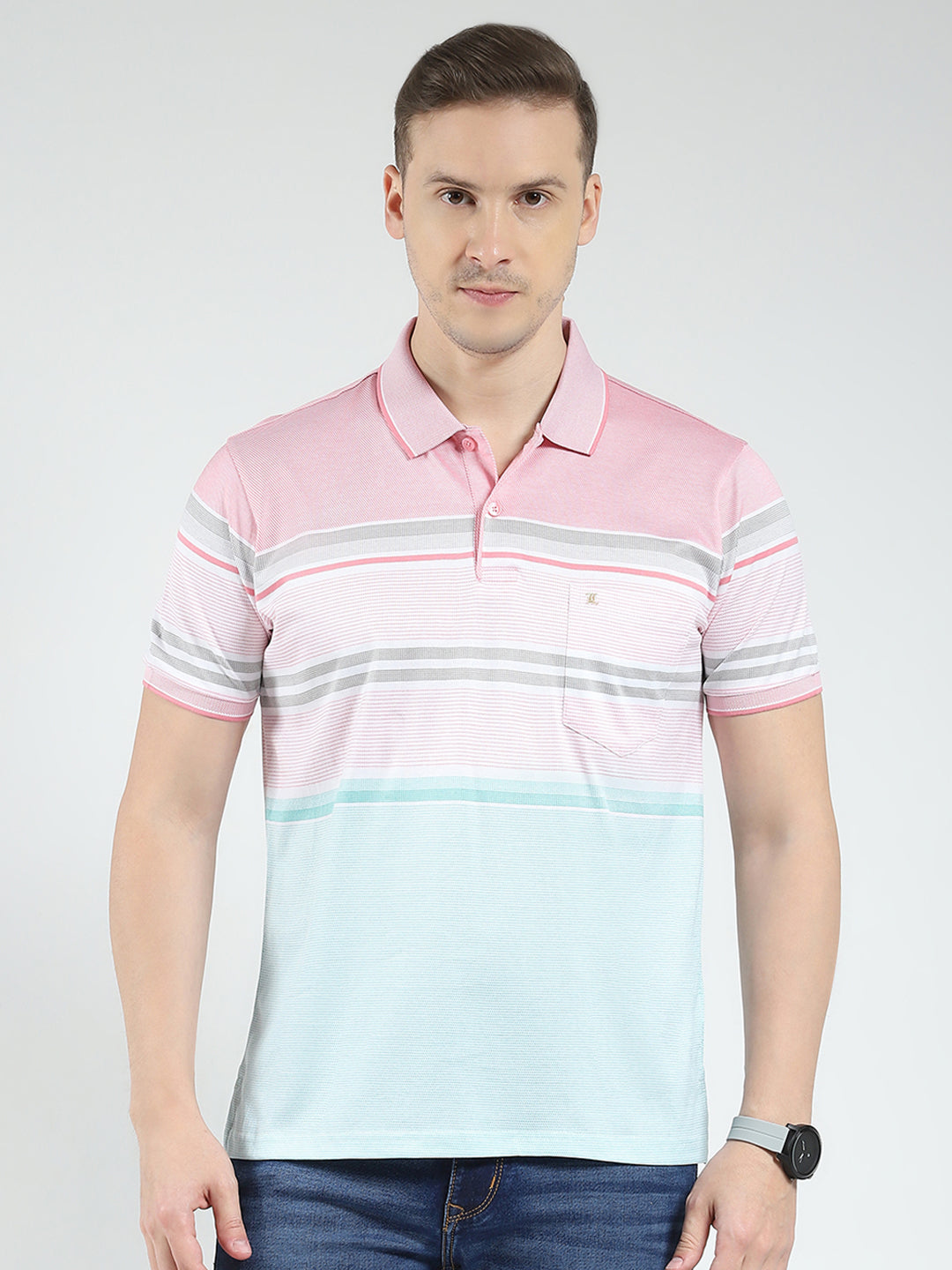 Luxuria Men Pink Stripe Collar Half Sleeve T-Shirt