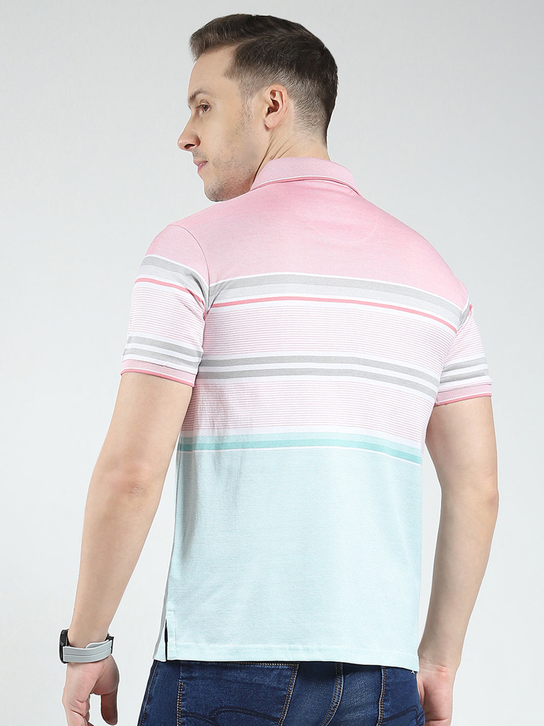 Luxuria Men Pink Stripe Collar Half Sleeve T-Shirt