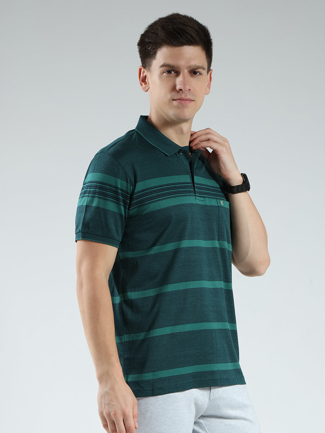Luxuria Men Green Stripe Collar Half Sleeve T-Shirt