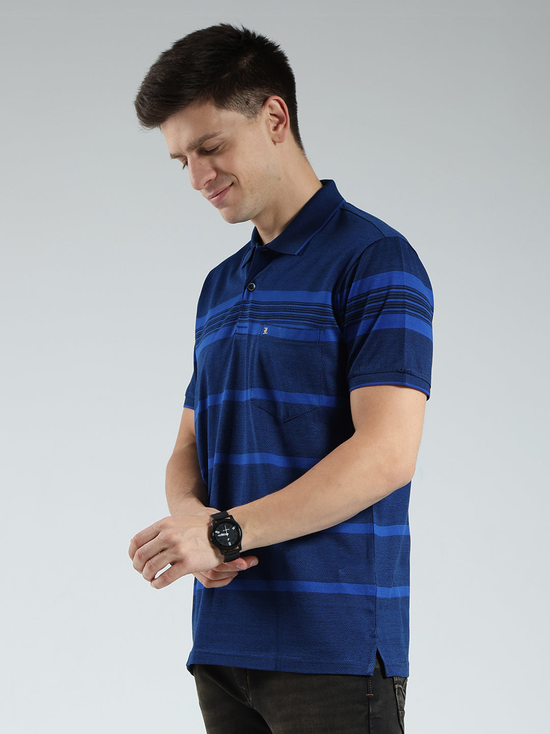 Luxuria Men Navy Blue Stripe Collar Half Sleeve T-Shirt