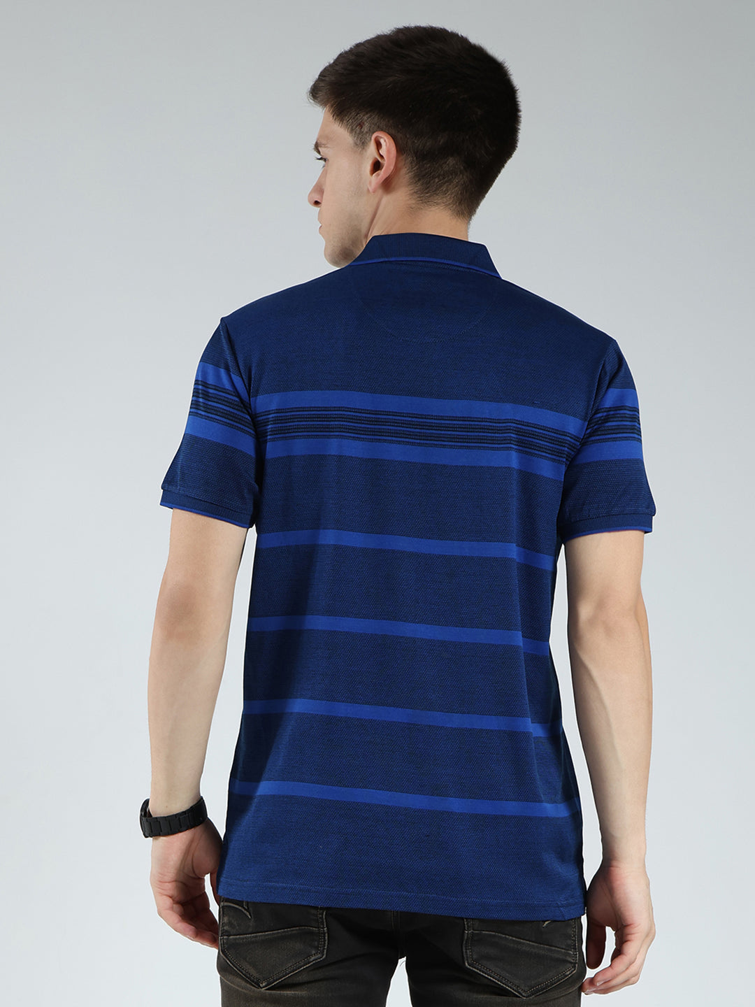 Luxuria Men Navy Blue Stripe Collar Half Sleeve T-Shirt