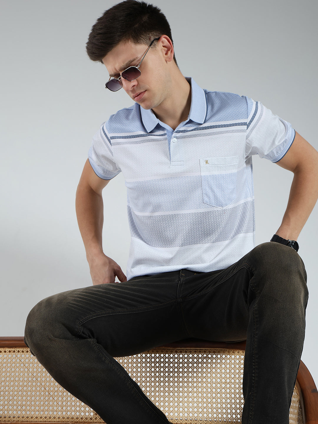 Luxuria Men Blue Stripe Collar Half Sleeve T-Shirt