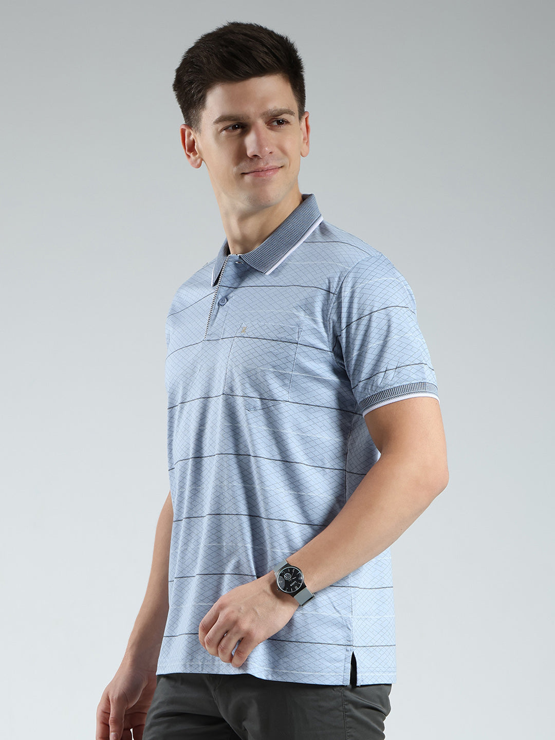 Luxuria Men Blue Stripe Collar Half Sleeve T-Shirt