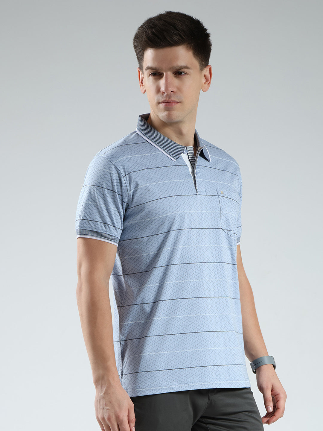 Luxuria Men Blue Stripe Collar Half Sleeve T-Shirt