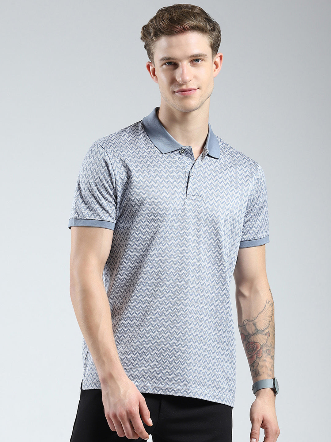 Men Grey Printed Collar Half Sleeve T-Shirt