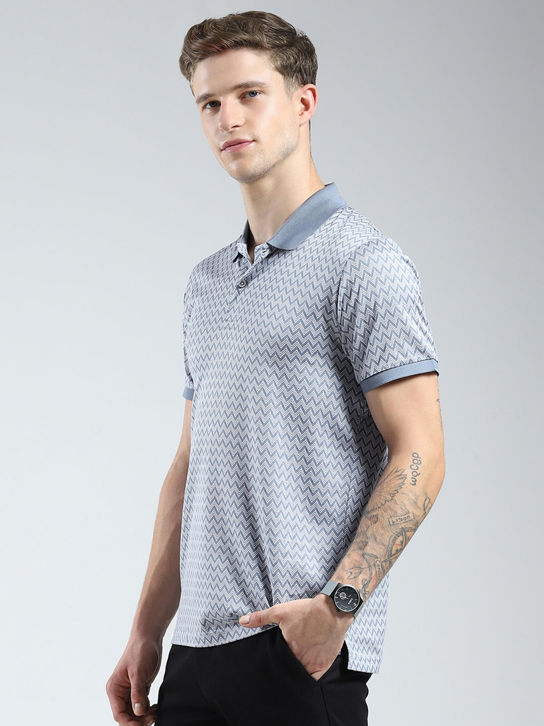 Men Grey Printed Collar Half Sleeve T-Shirt