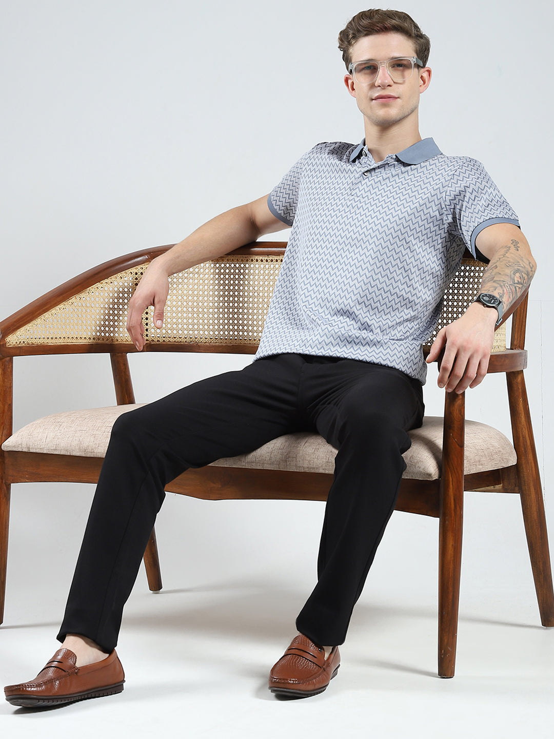 Men Grey Printed Collar Half Sleeve T-Shirt