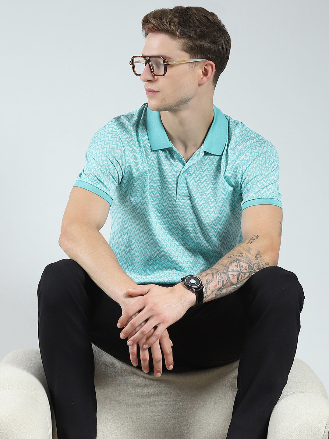 Men Green Printed Collar Half Sleeve T-Shirt