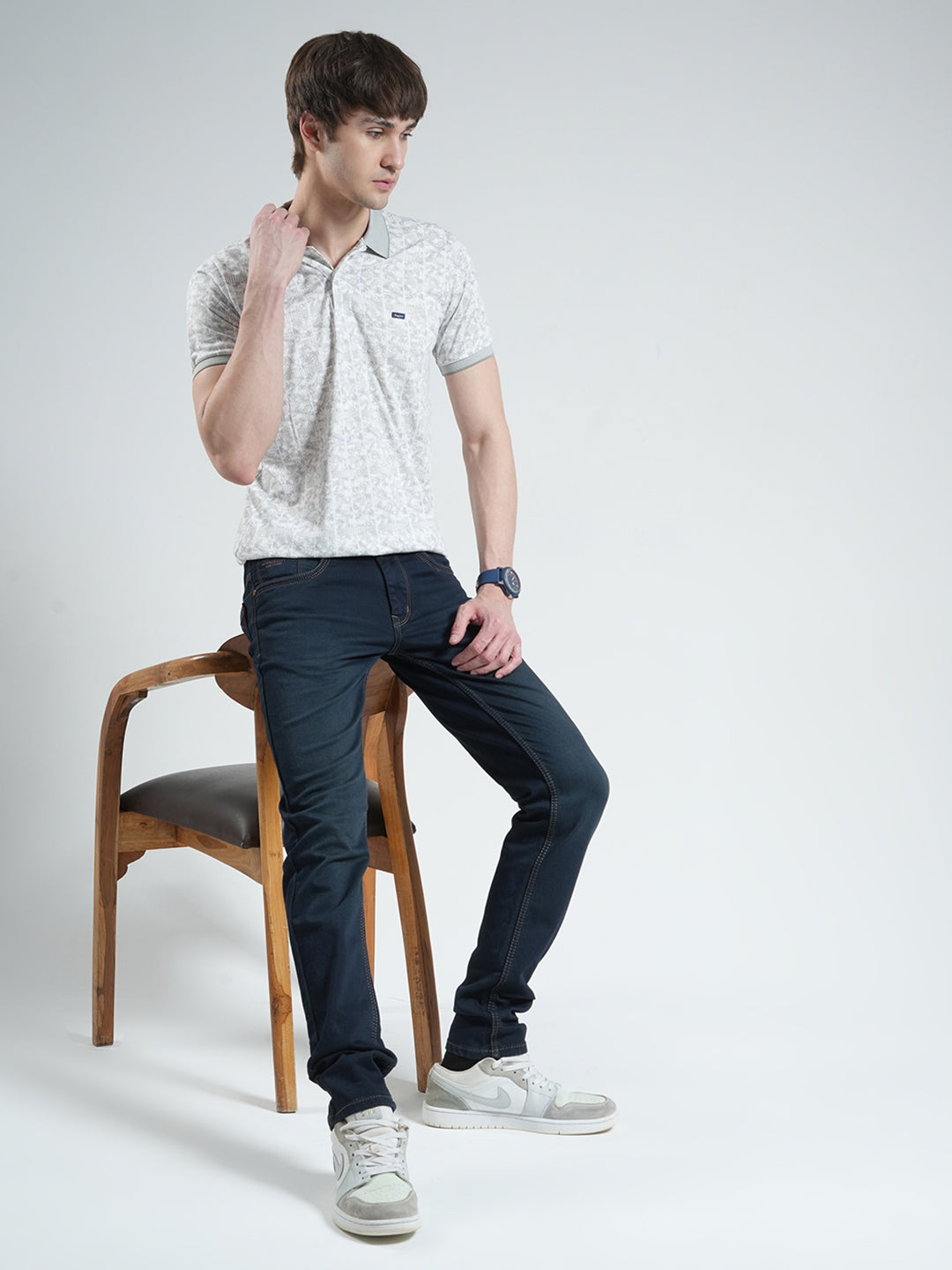 Men Grey Printed Collar Half Sleeve T-Shirt