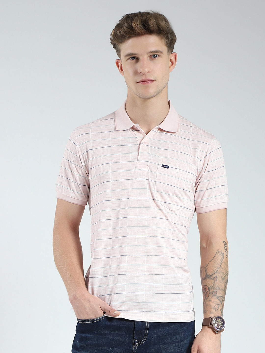 Men Pink Stripe Collar Half Sleeve T-Shirt