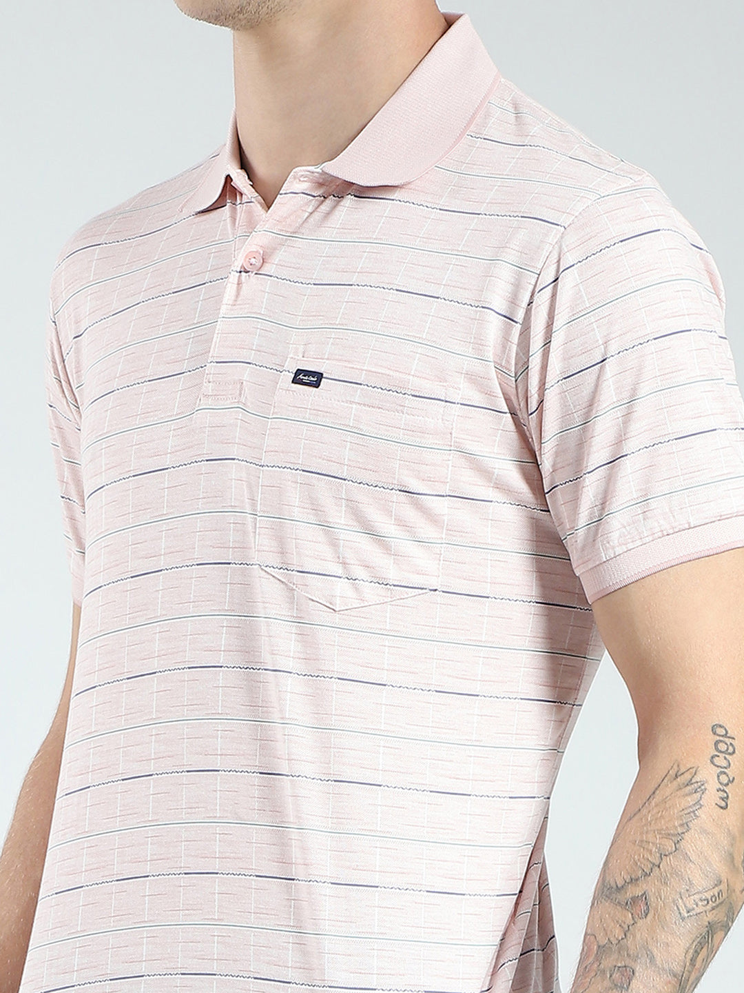 Men Pink Stripe Collar Half Sleeve T-Shirt