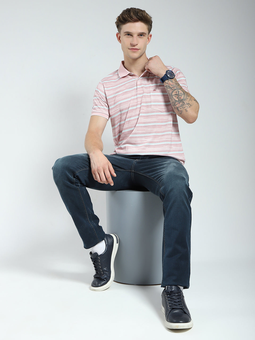 Men Peach Stripe Collar Half Sleeve T-Shirt
