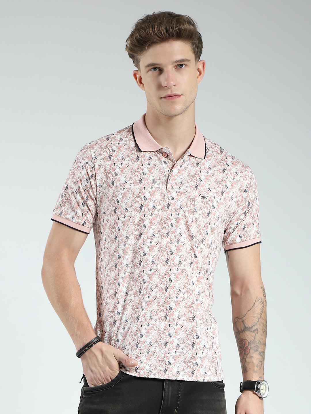 Men Pink Printed Collar Half Sleeve T-Shirt