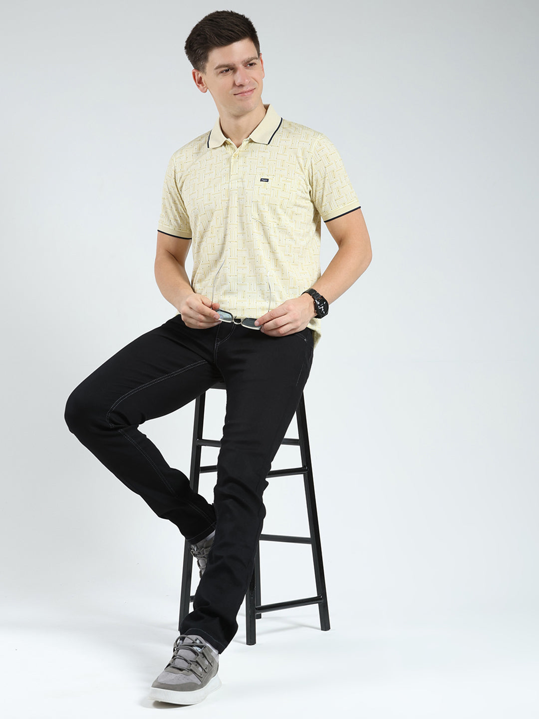 Men Yellow Printed Collar Half Sleeve T-Shirt