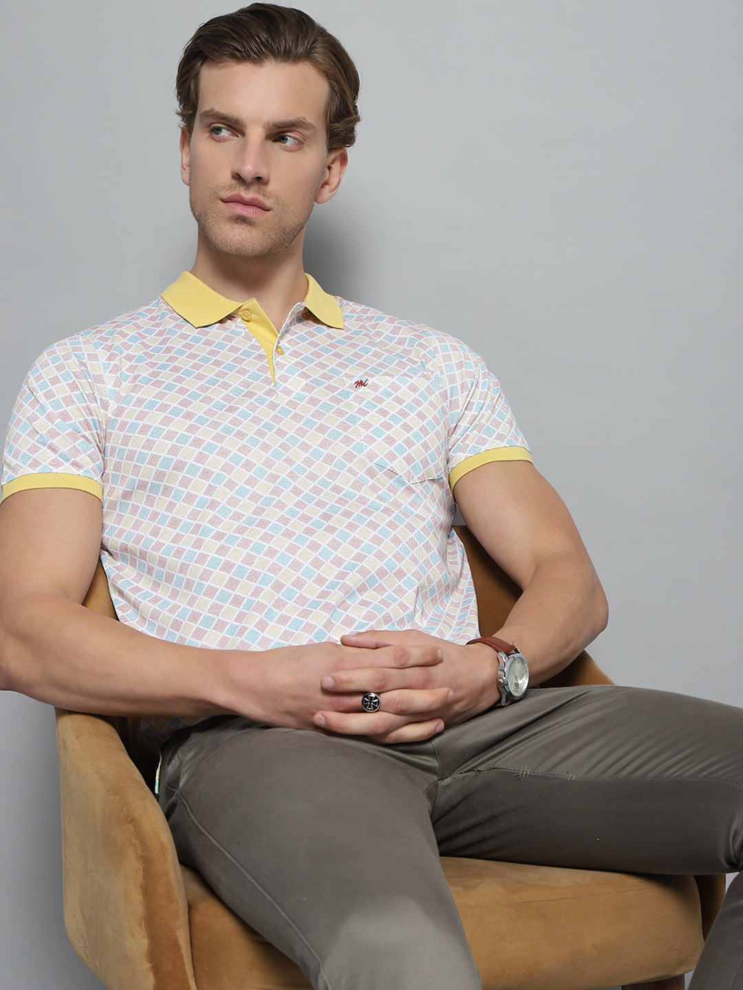 Men Yellow Printed Collar Half Sleeve T-Shirt