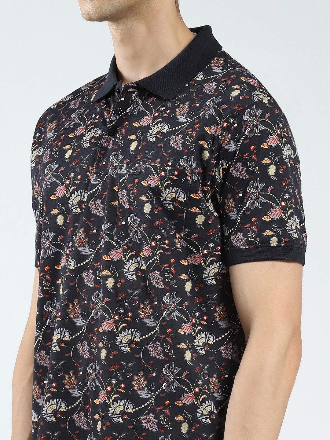 Men Black Printed Collar Half Sleeve T-Shirt