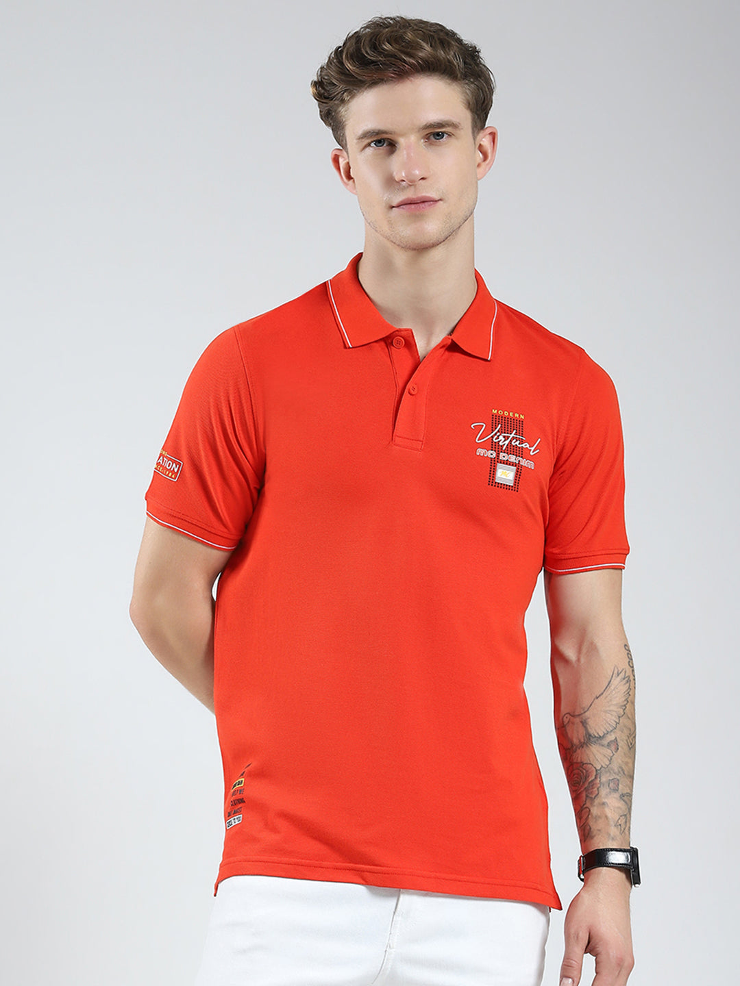 Men Orange Printed Collar Half Sleeve T-Shirt