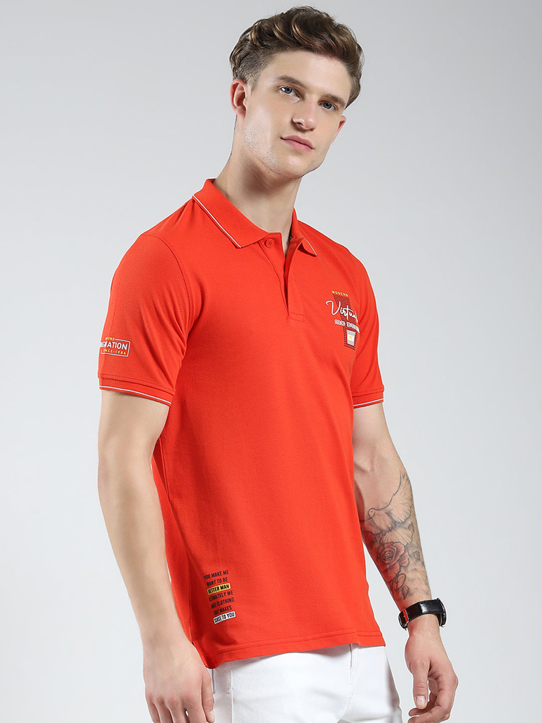 Men Orange Printed Collar Half Sleeve T-Shirt