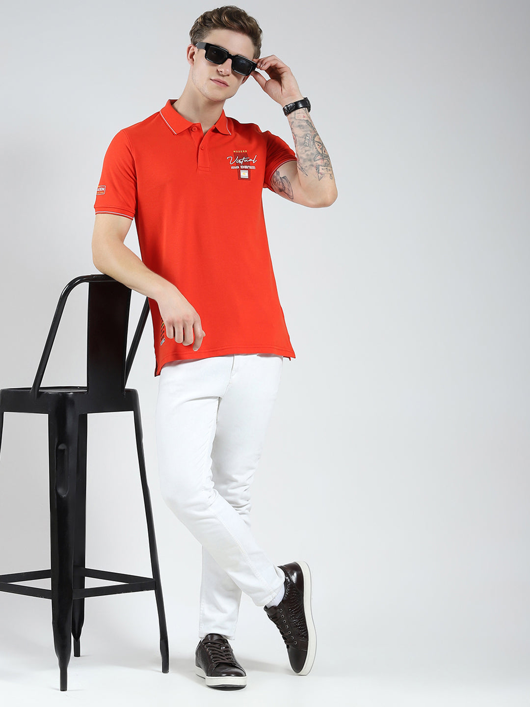 Men Orange Printed Collar Half Sleeve T-Shirt
