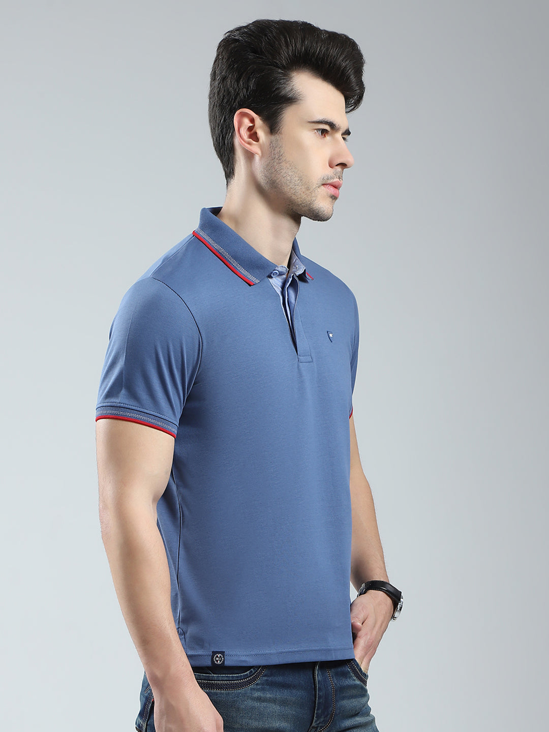 Men Blue Solid Collar Half Sleeve T-Shirt