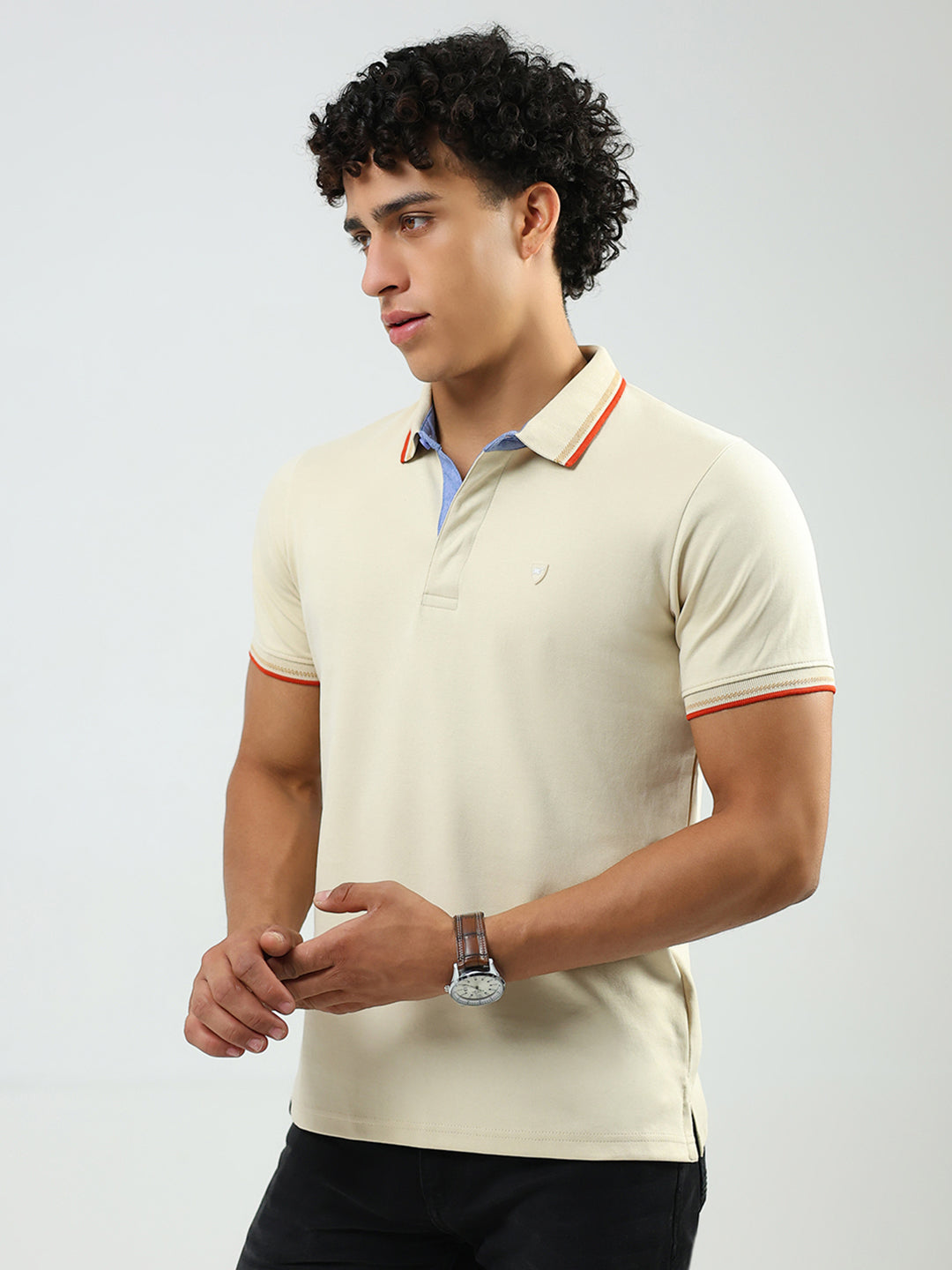 Men Beige Solid Collar Half Sleeve T-Shirt