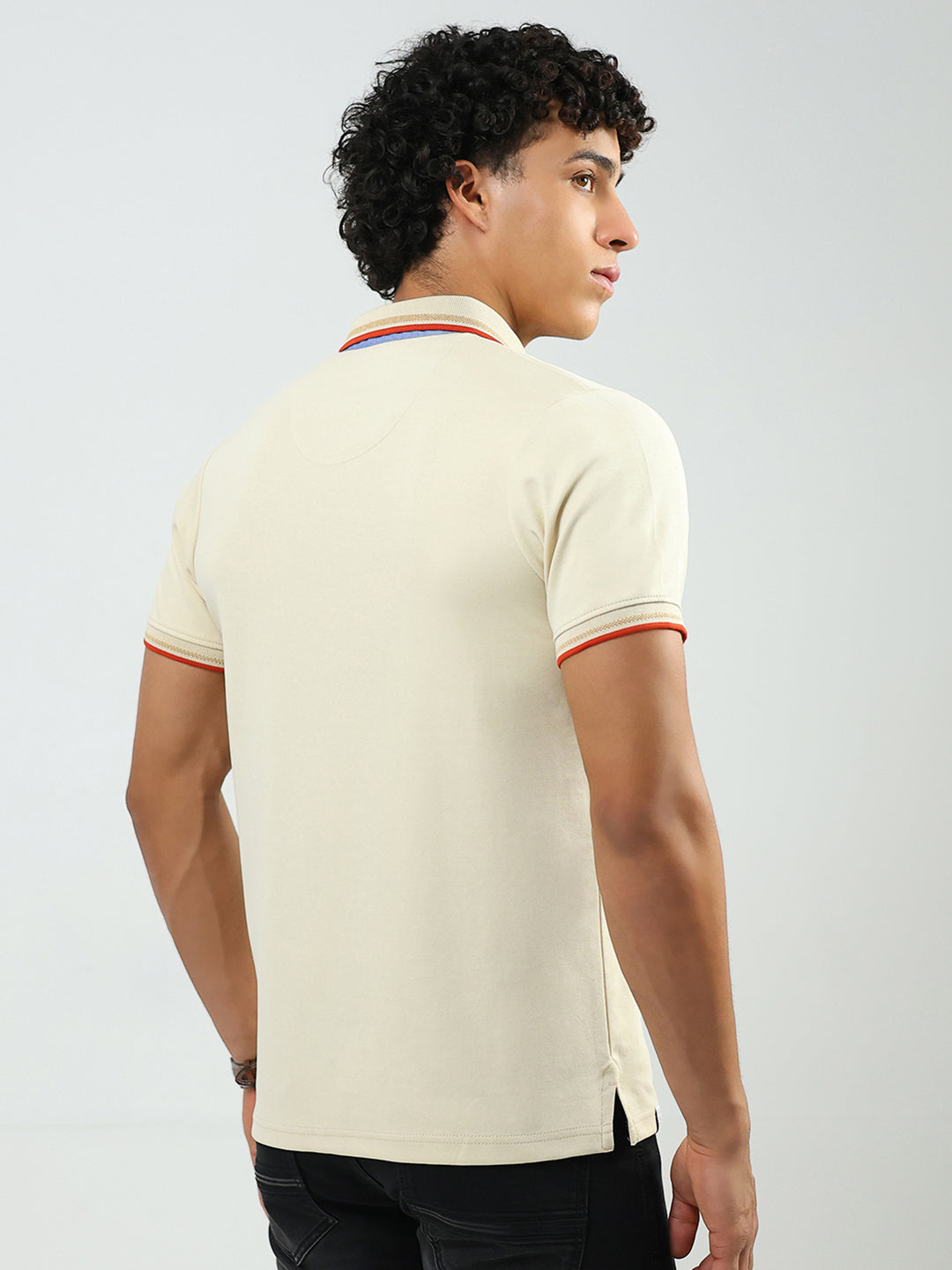 Men Beige Solid Collar Half Sleeve T-Shirt