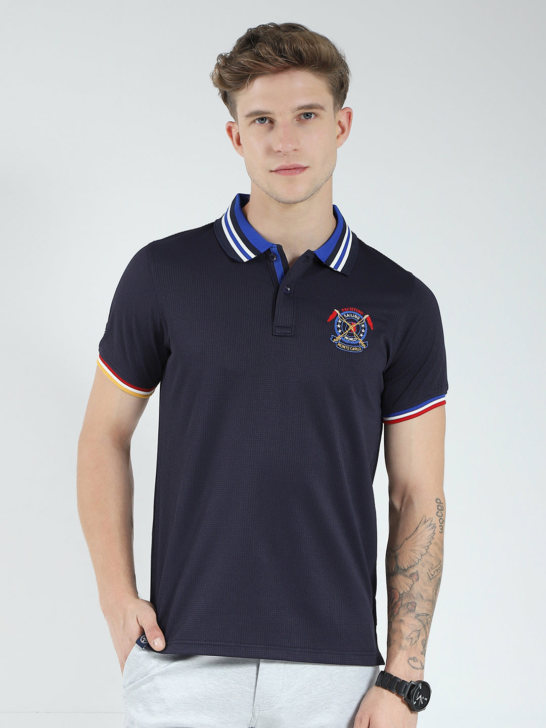 Men Navy Blue Solid Collar Half Sleeve T-Shirt