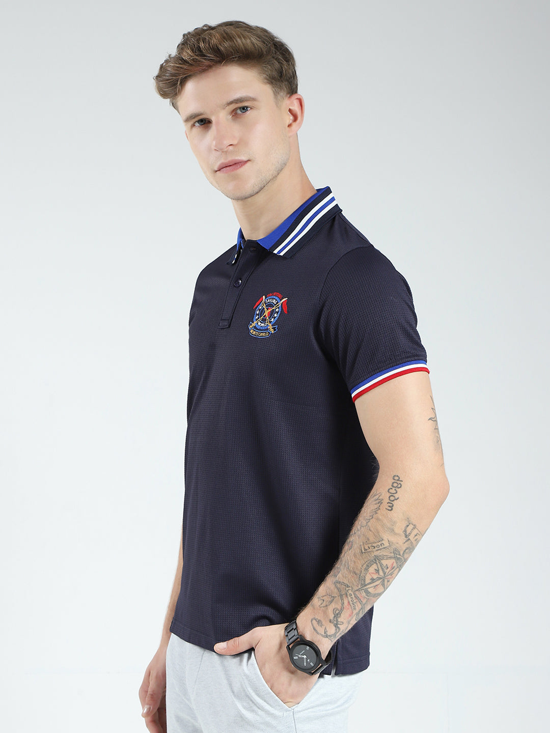 Men Navy Blue Solid Collar Half Sleeve T-Shirt