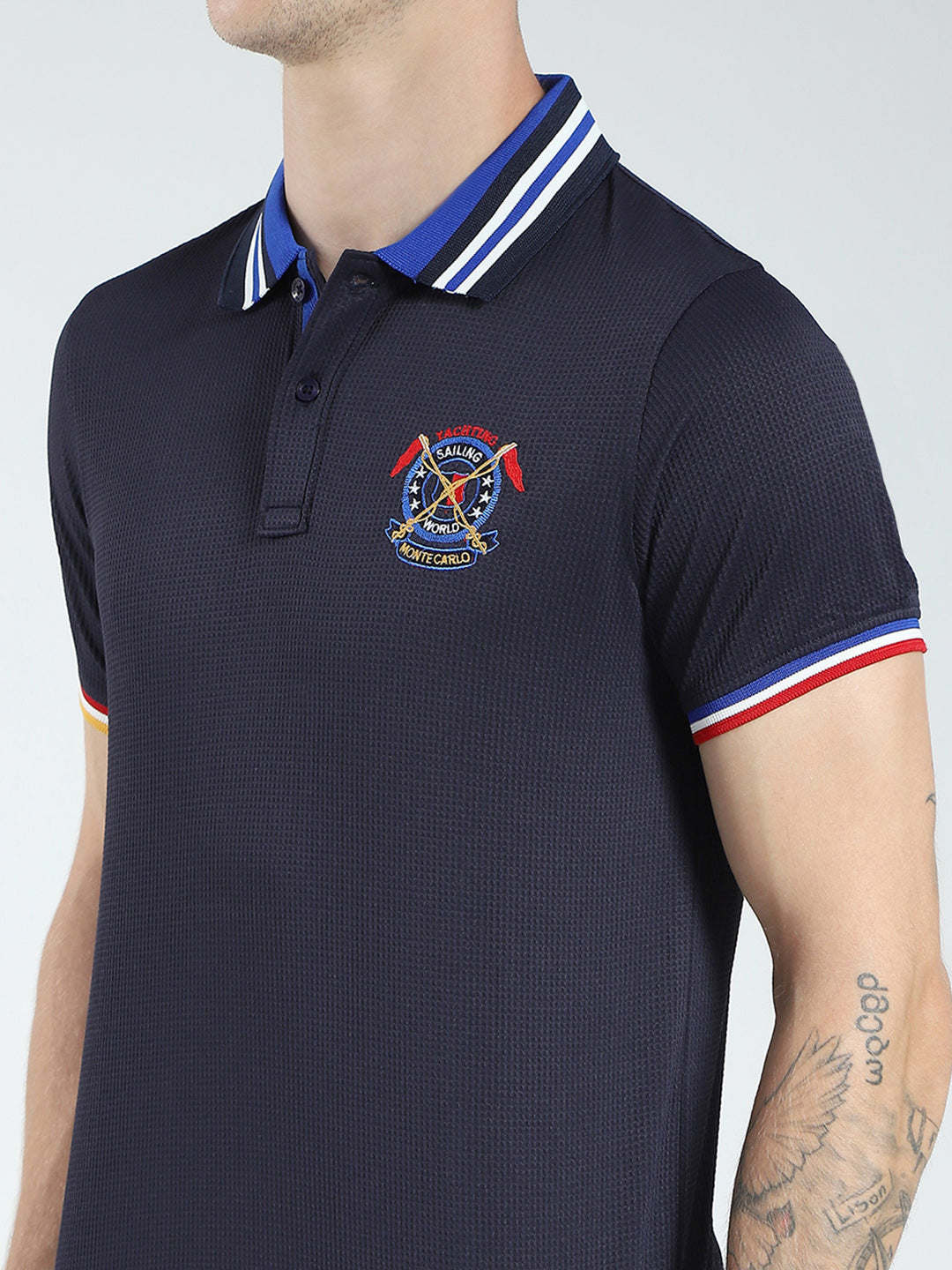 Men Navy Blue Solid Collar Half Sleeve T-Shirt